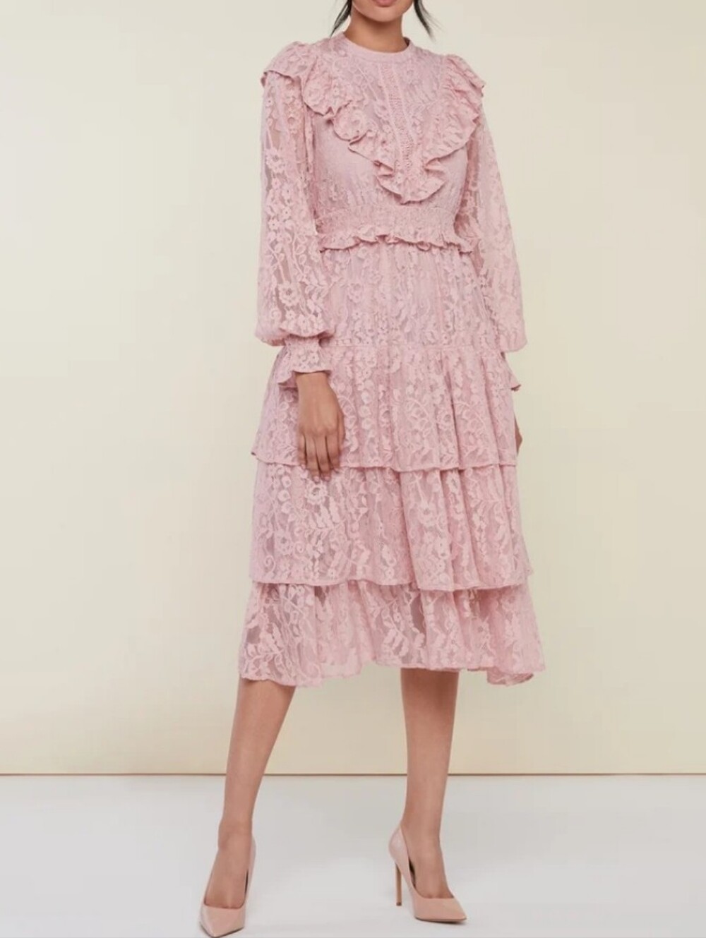 Rachel Parcell Blush Pink Lace Tiered Ruffle Midi Dress Women Size XS NWOT